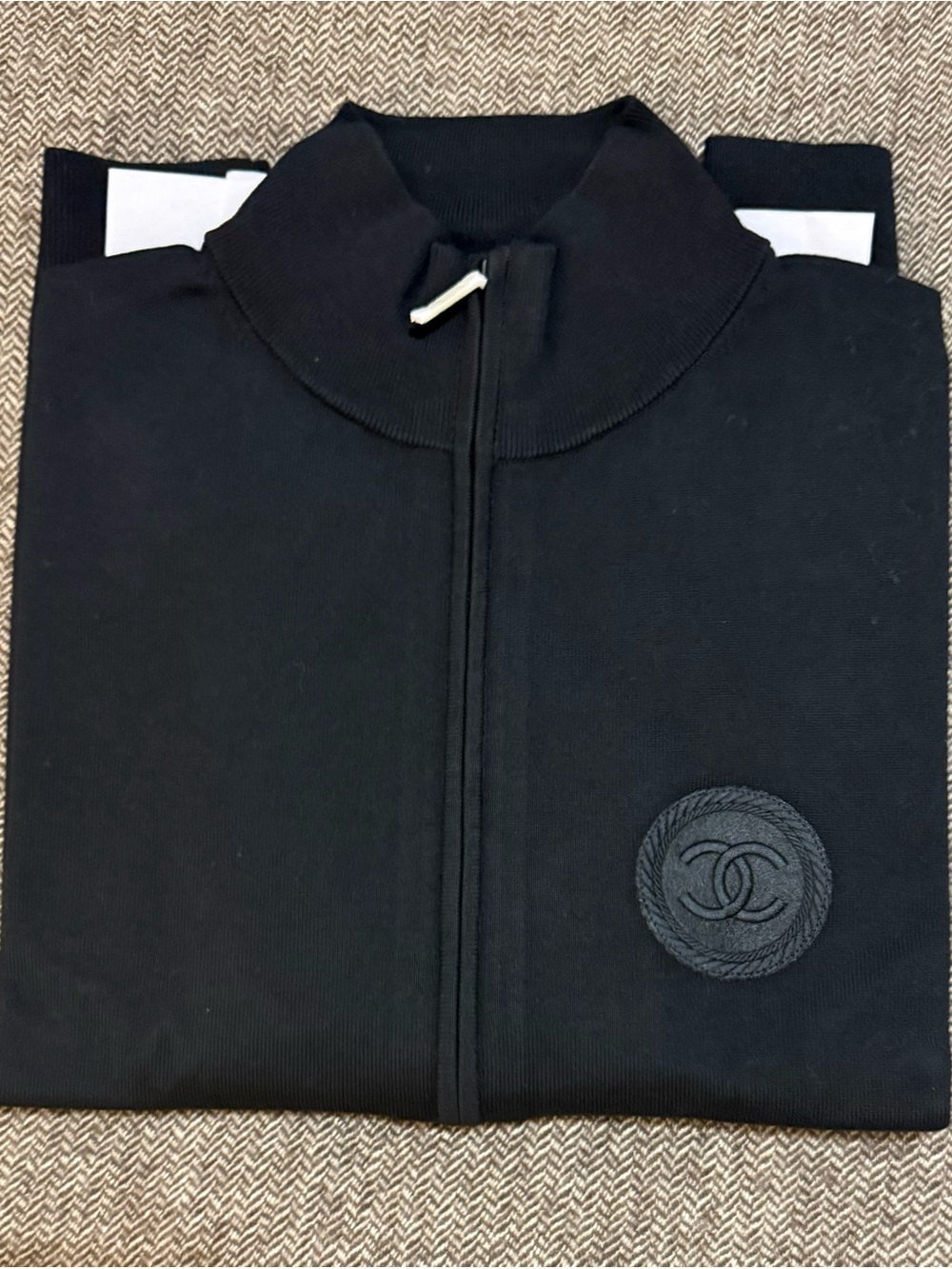 CHANEL Black Zip Cardigan with Raised CC Patch Emblem